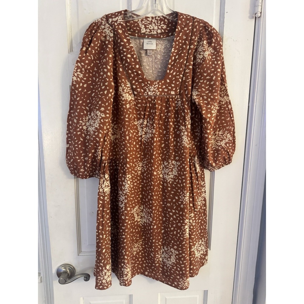 Knox‎ Rose Women's Linen Blend Brown Floral Puff Sleeve Dress Size S Boho Spring
